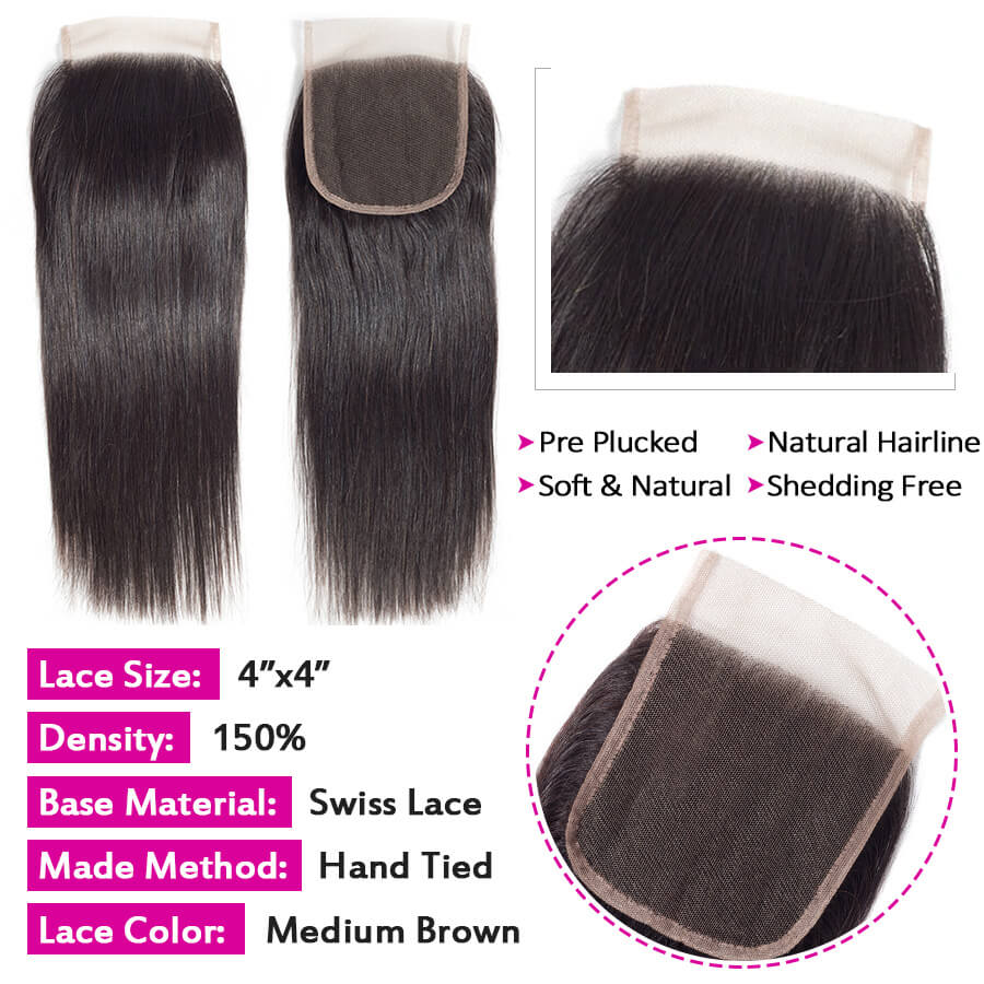 4x4 HD Transparent Lace Closure Straight Human Hair Closure