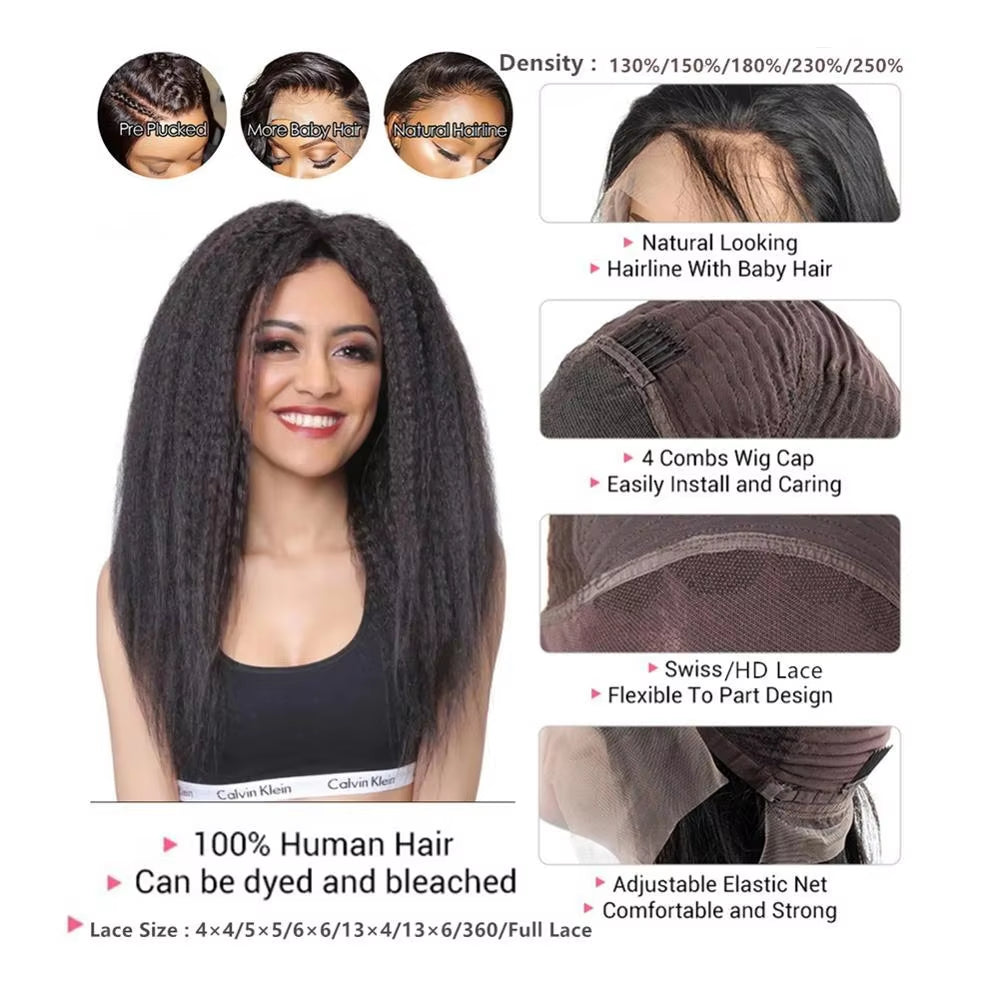 Kinky Straight 13x4 Transparent Lace Frontal Wig Wholesale, No Tangle, No Shedding, Can be Dyed Easily